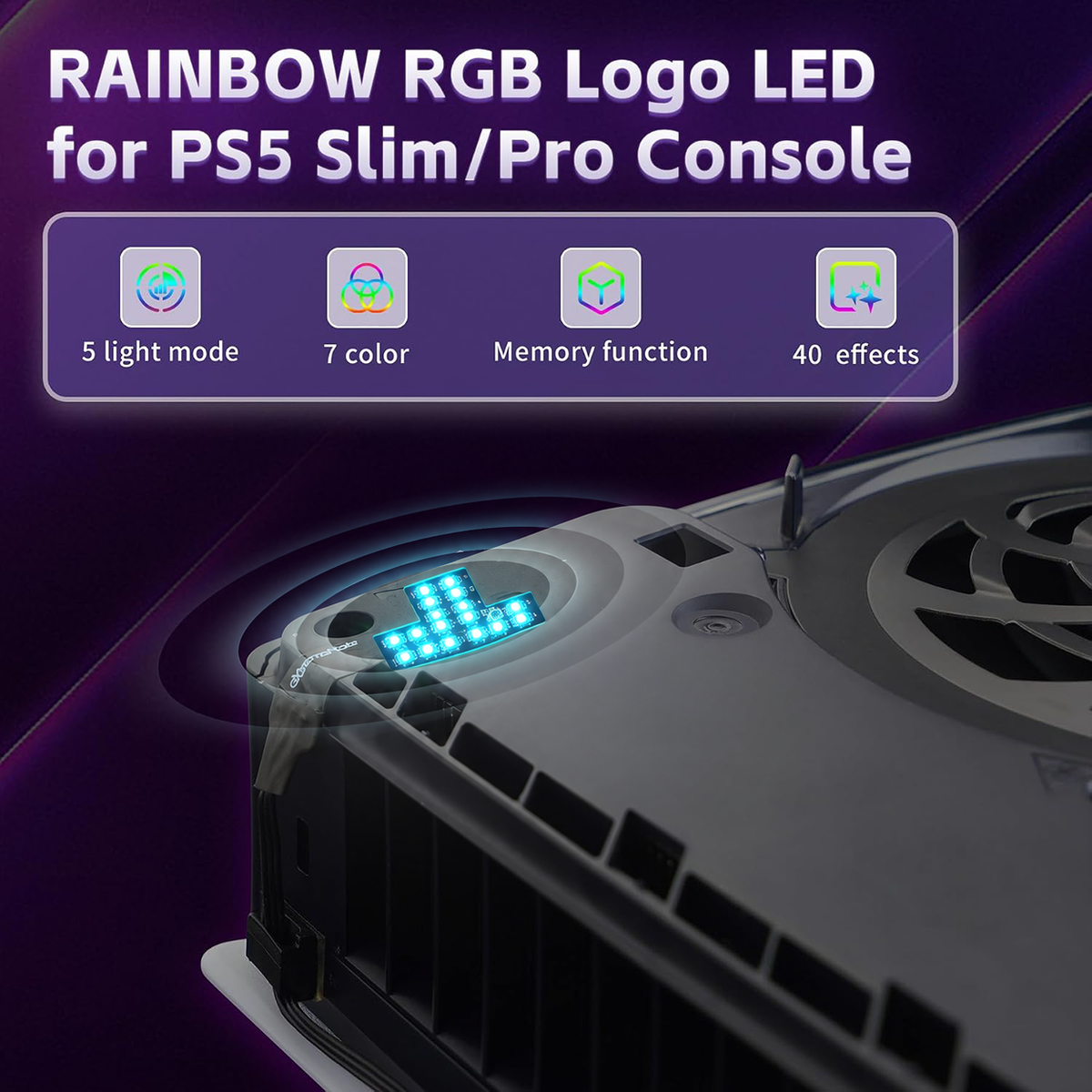 eXtremeRate RGB RAINBOW Logo LED Kit for PS5 Slim/Pro Disc & Digital Console - 7 Colors 40 Effects