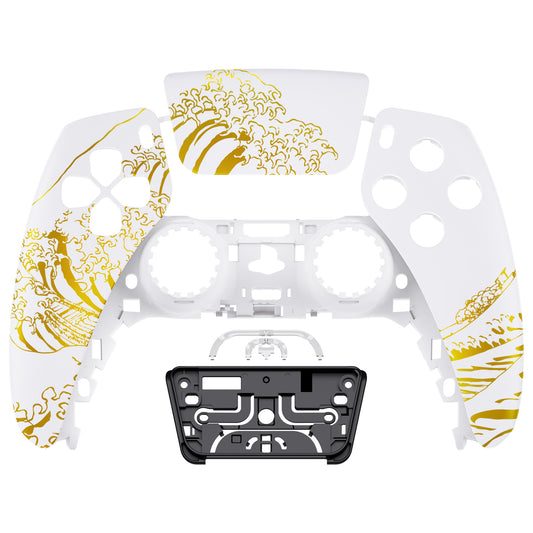 eXtremeRate Replacement Front Housing Shell with Touchpad Compatible with PS5 Controller BDM-010/020/030/040/050/060 - The Great GOLDEN Wave Off Kanagawa - White