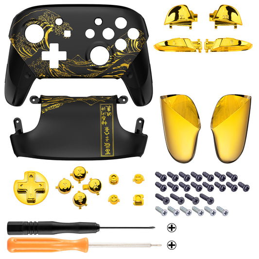 eXtremeRate Replacement Full Set Shell Faceplate Backplate Handles with Button Kit for Nintendo Switch Pro - The Great GOLDEN Wave Off Kanagawa - Black