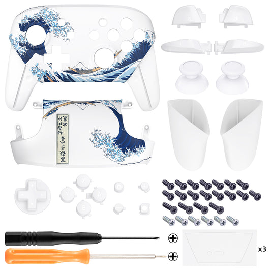 eXtremeRate Replacement Full Set Shell Faceplate Backplate Handles with Button Kit for Nintendo Switch Pro - The Great Wave Off Kanagawa