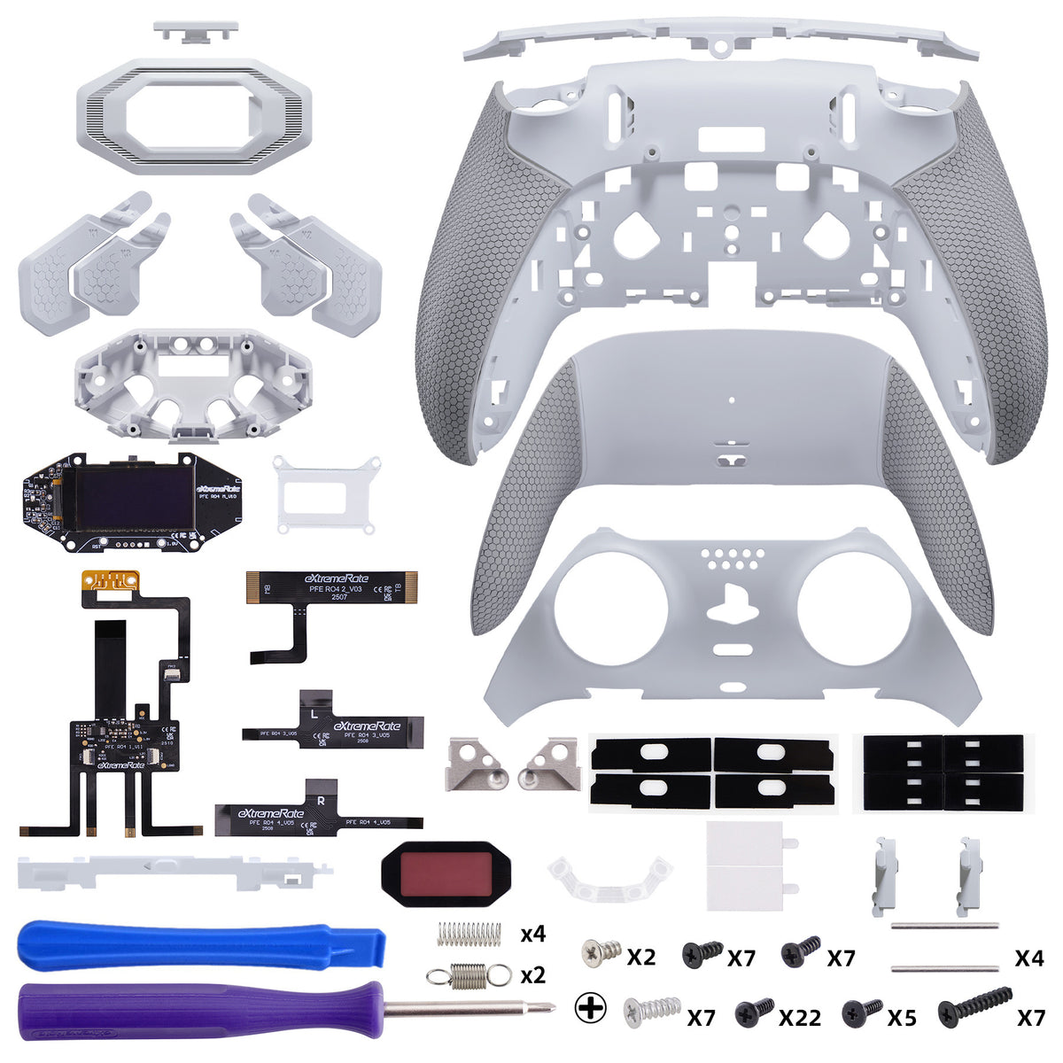 eXtremeRate BEYOND Back Paddles Kit with OLED Display & Redesigned Ergonomic Grips for PS5 Edge Controller - Rubberized White & Gray