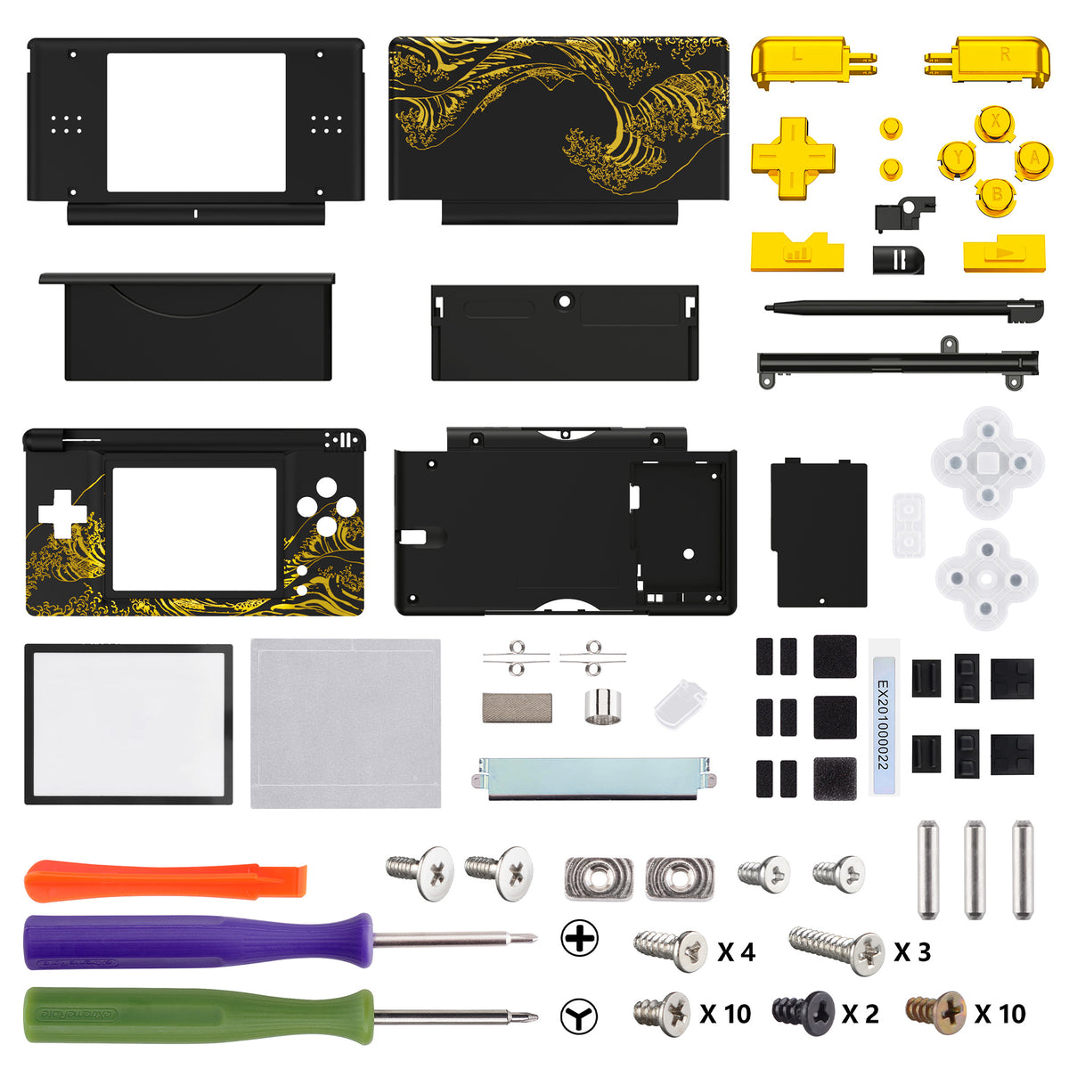 eXtremeRate Replacement Full Housing Shell & Buttons with Screen Lens for Nintendo DS Lite NDSL - The Great GOLDEN Wave Off Kanagawa - Black