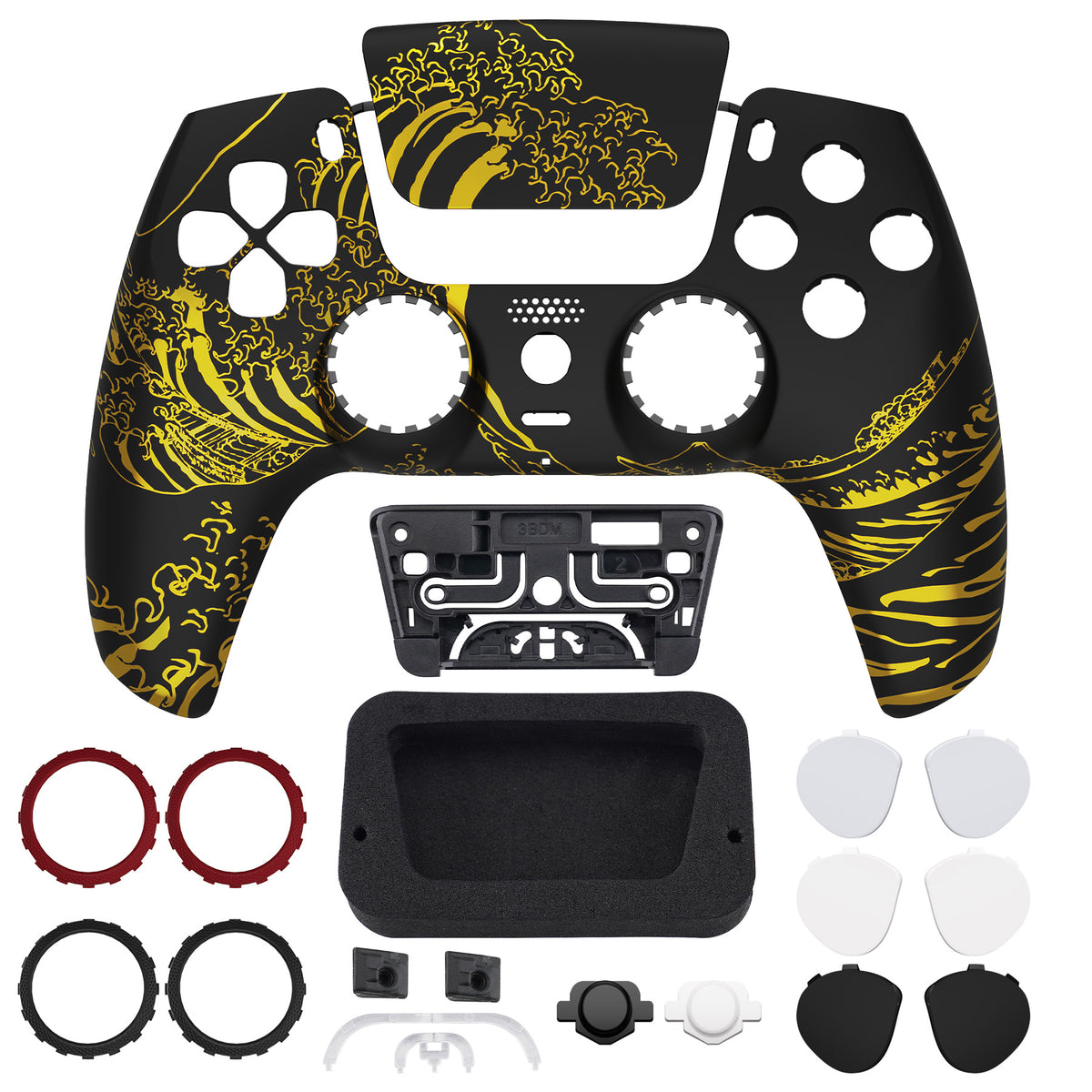 eXtremeRate LUNA Redesigned Replacement Front Shell with Touchpad Compatible with PS5 Controller BDM-010/020/030/040/050/060 - The Great GOLDEN Wave Off Kanagawa - Black