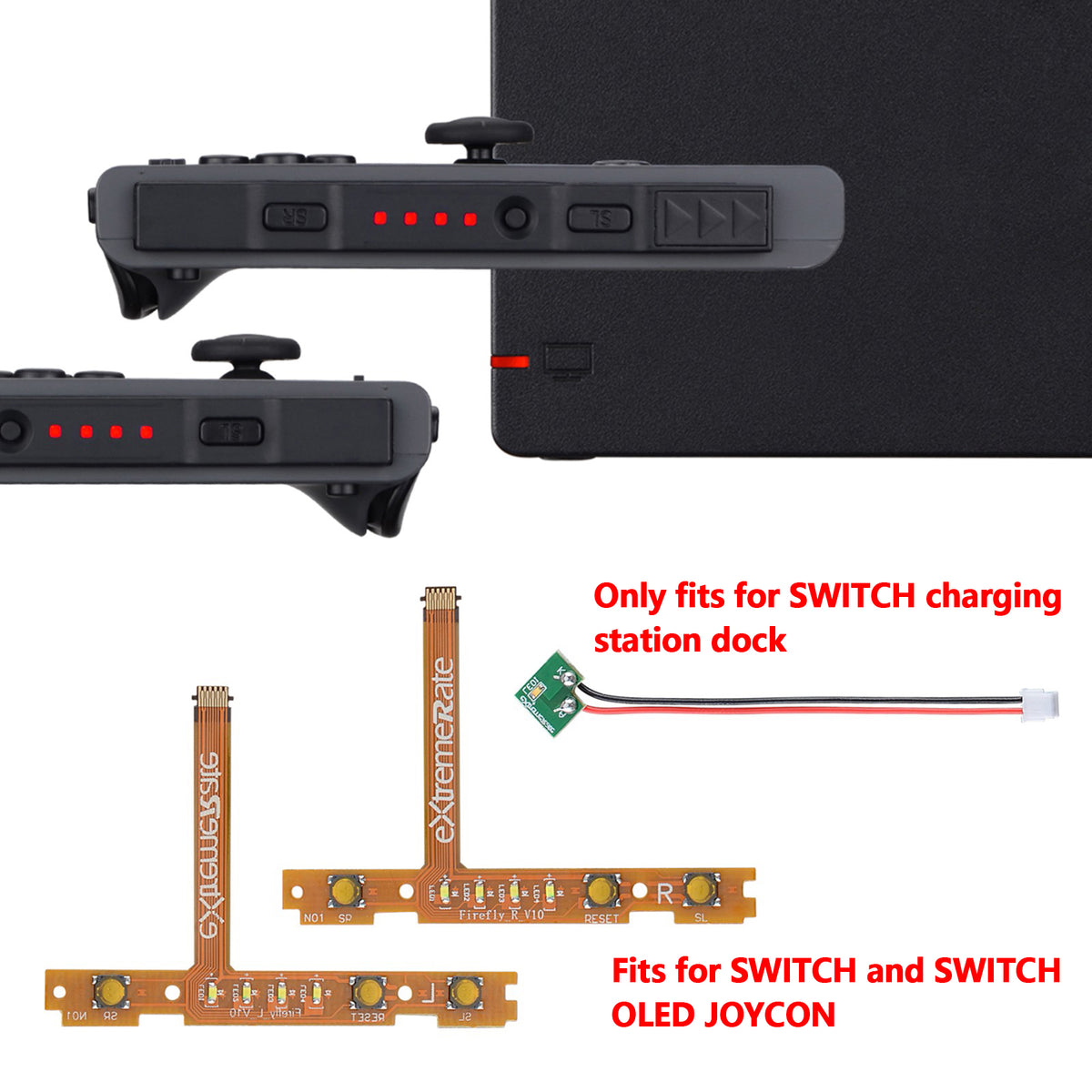 eXtremeRate Retail Red Firefly LED Tuning Kit for NS Switch Joycons Dock NS Joycon SL SR Buttons Ribbon Flex Cable Indicate Power LED-Joycons Dock NOT Included - NSLED003