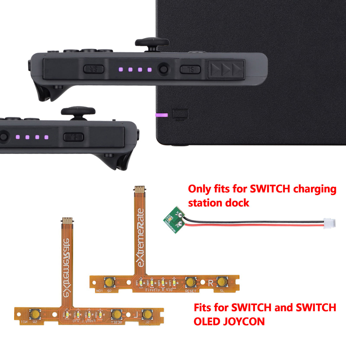 eXtremeRate Retail Violet Firefly LED Tuning Kit for NS Switch Joycons Dock NS Joycon SL SR Buttons Ribbon Flex Cable Indicate Power LED-Joycons Dock NOT Included - NSLED009