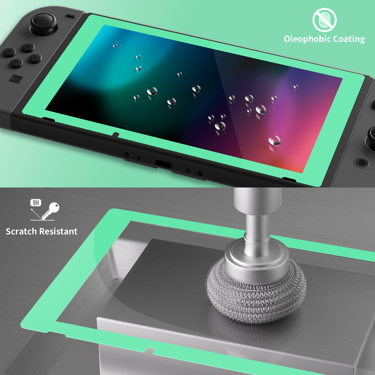 eXtremeRate Retail 2 Pack Mint Green Border Transparent HD Clear Saver Protector Film, Tempered Glass Screen Protector for Nintendo Switch [Anti-Scratch, Anti-Fingerprint, Shatterproof, Bubble-Free] - NSPJ0706