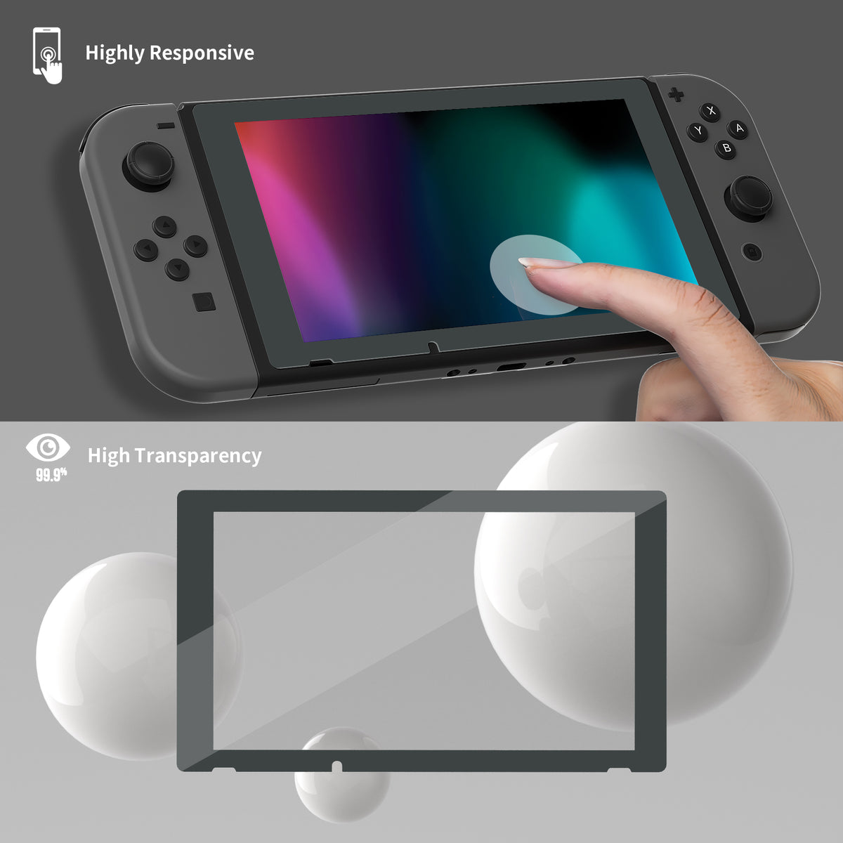 eXtremeRate Retail 2 Pack Gray Border Transparent HD Clear Saver Protector Film, Tempered Glass Screen Protector for Nintendo Switch [Anti-Scratch, Anti-Fingerprint, Shatterproof, Bubble-Free] - NSPJ0707