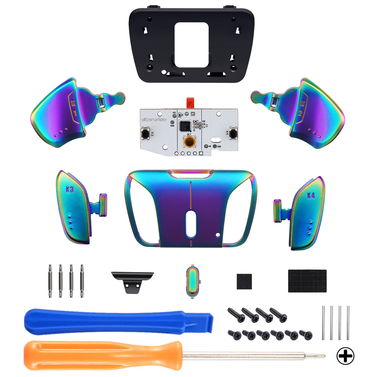 eXtremeRate Turn RISE & RISE4 to RISE4 RMB Kit – Real Metal Buttons (RMB) Version K1 K2 K3 K4 Back Buttons Housing & Remap PCB Board for eXtremeRate RISE & RISE4 Remap kit, Compatible with PS5 Controller - Metallic Rainbow Aura Blue & Purple eXtremeRate