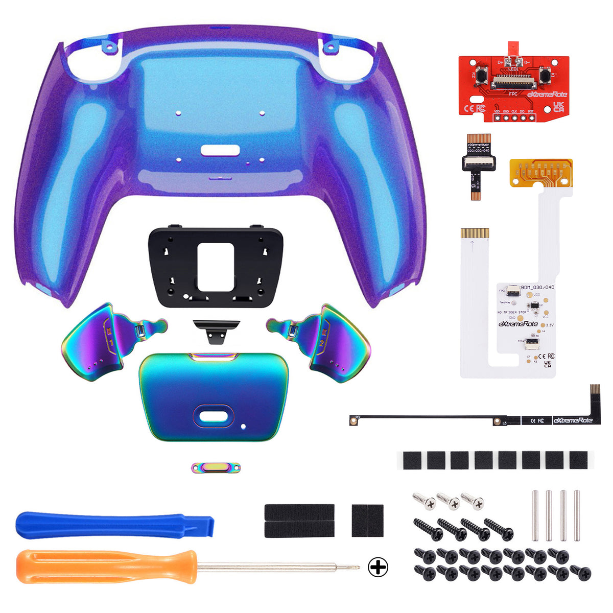 eXtremeRate Rainbow Aura Blue & Purple Real Metal Buttons (RMB) Version RISE V3 Remap Kit for PS5 Controller BDM-030/040/050 - Chameleon Purple Blue