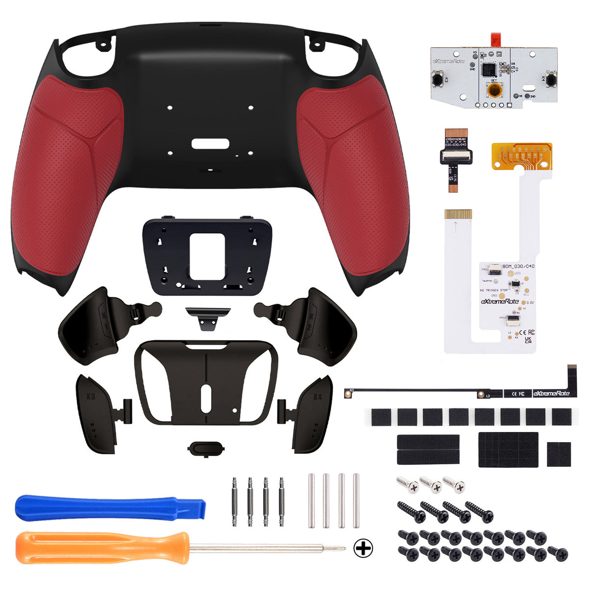 eXtremeRate Black Real Metal Buttons (RMB) Version RISE4 V3 Remap Kit for PS5 Controller BDM-030/040/050 - Rubberized Red