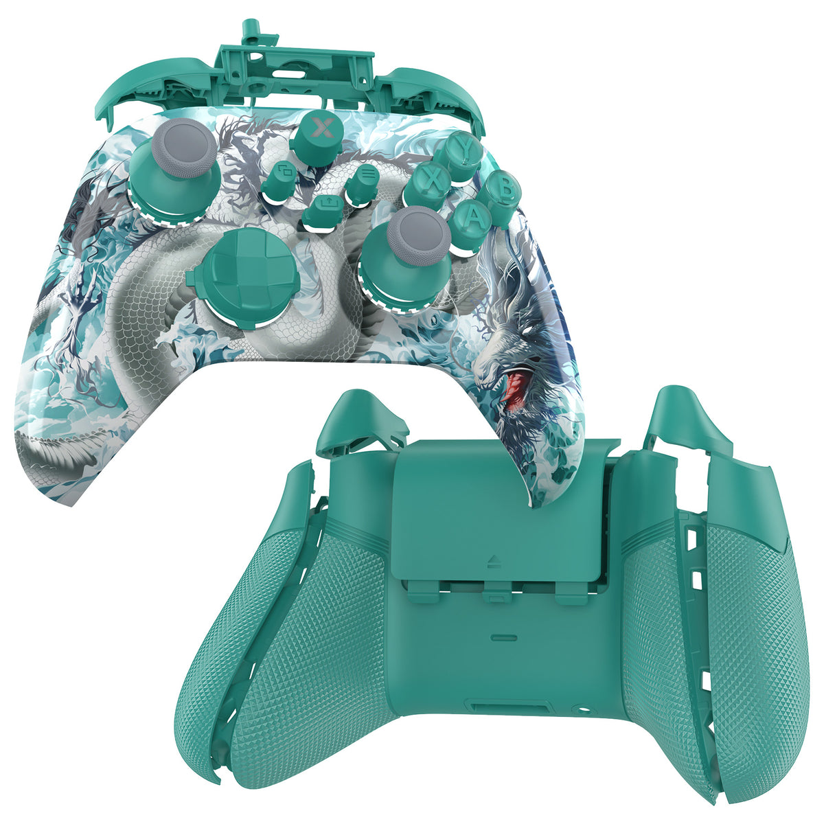 eXtremeRate ASR Version Performance Rubberized Full Set Shell Buttons with Redesigned Grip Diamond Texture Handles Backplate Case for Xbox Series X/S Controller & Xbox Core Controller - Jade Dragon - Cloud Dominator