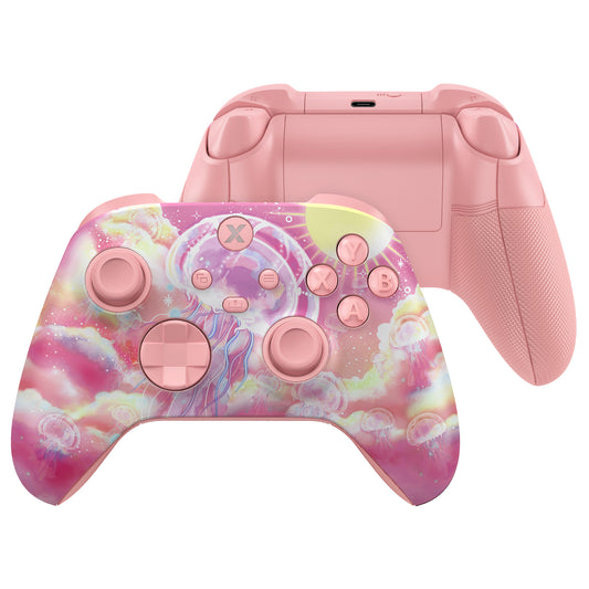 eXtremeRate ASR Version Performance Rubberized Full Set Shell Buttons with Redesigned Grip Diamond Texture Handles Backplate Case for Xbox Series X/S Controller & Xbox Core Controller - Pinky Jellyfish Heaven