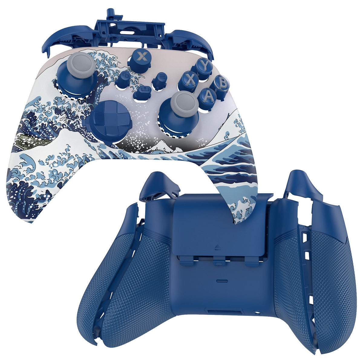 eXtremeRate ASR Version Performance Rubberized Full Set Shell Buttons with Redesigned Grip Diamond Texture Handles Backplate Case for Xbox Series X/S Controller & Xbox Core Controller - The Great Wave eXtremeRate