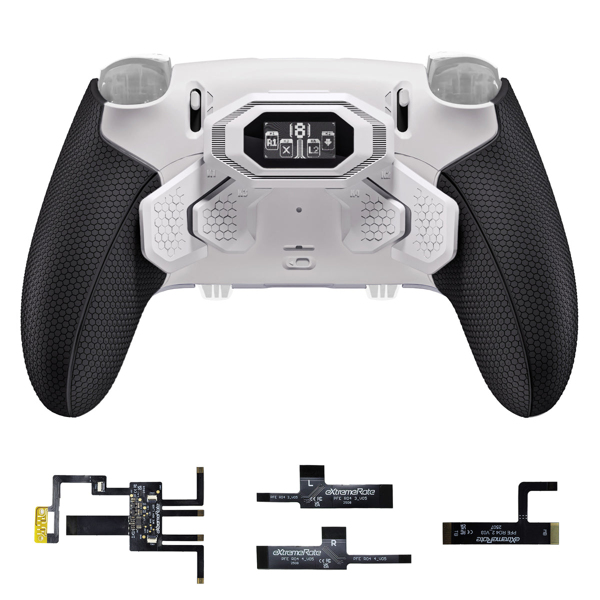 eXtremeRate BEYOND Back Paddles Kit with OLED Display & Redesigned Ergonomic Grips for PS5 Edge Controller - Rubberized White & Black