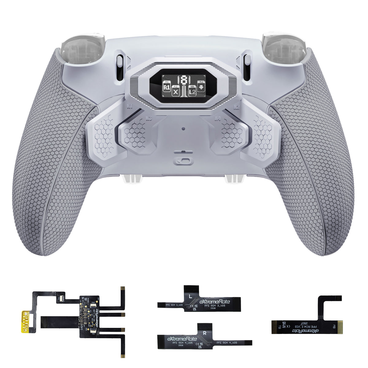 eXtremeRate BEYOND Back Paddles Kit with OLED Display & Redesigned Ergonomic Grips for PS5 Edge Controller - Rubberized White & Gray