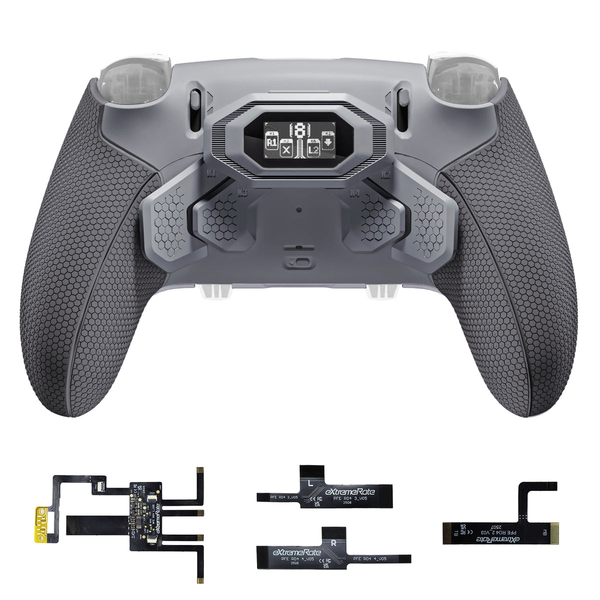 eXtremeRate BEYOND Back Paddles Kit with OLED Display & Redesigned Ergonomic Grips for PS5 Edge Controller - Rubberized New Hope Gray & Classic Gray