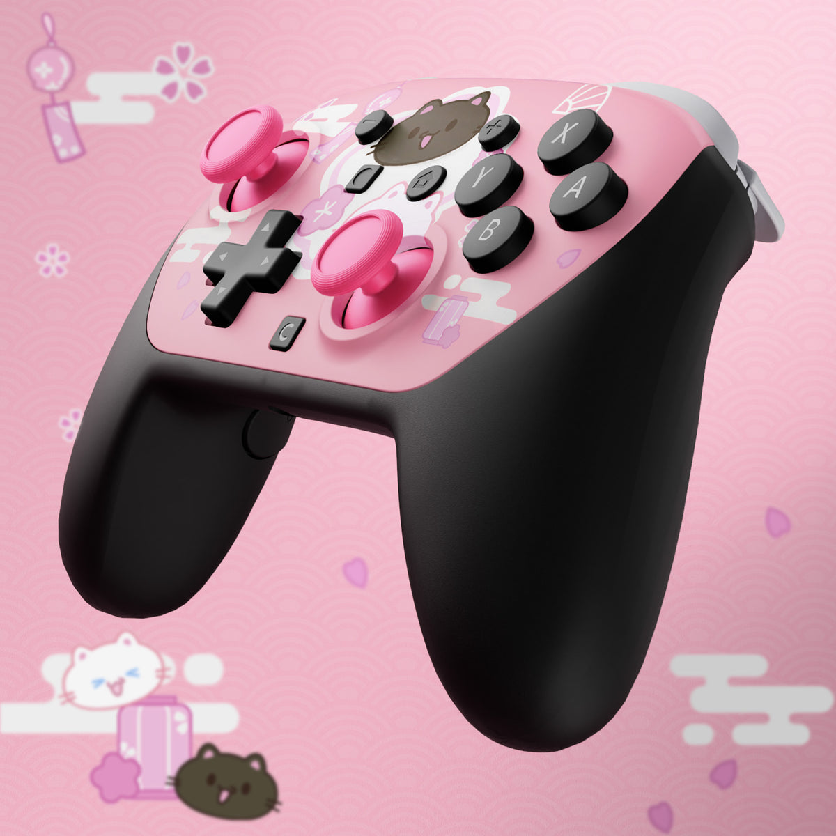 eXtremeRate DIY Replacement Faceplate Shell with Thumbsticks for Nintendo Switch 2 Pro Controller - Cherry Blossoms Kitten