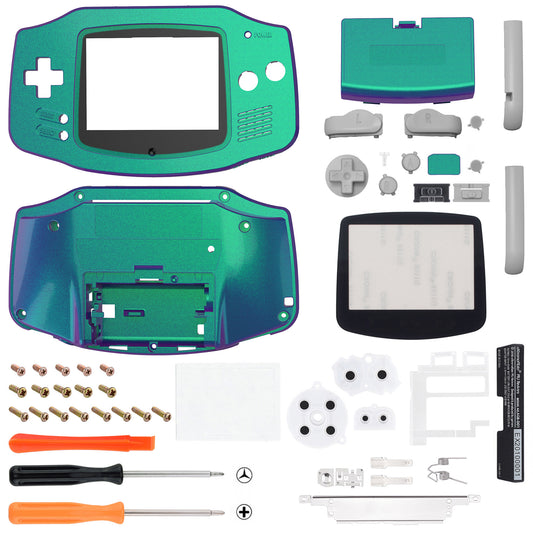 eXtremeRate IPS Ready Upgraded GBA Replacement Full Set Shells with Buttons for Gameboy Advance, Compatible with Both IPS & Standard LCD - Chameleon Green Purple