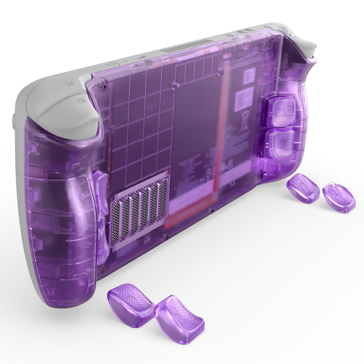 eXtremeRate Interchangeable Back Buttons Bottom Shell for Steam Deck LCD & OLED - with 2 Height Adjustable Buttons - Clear Atomic Purple