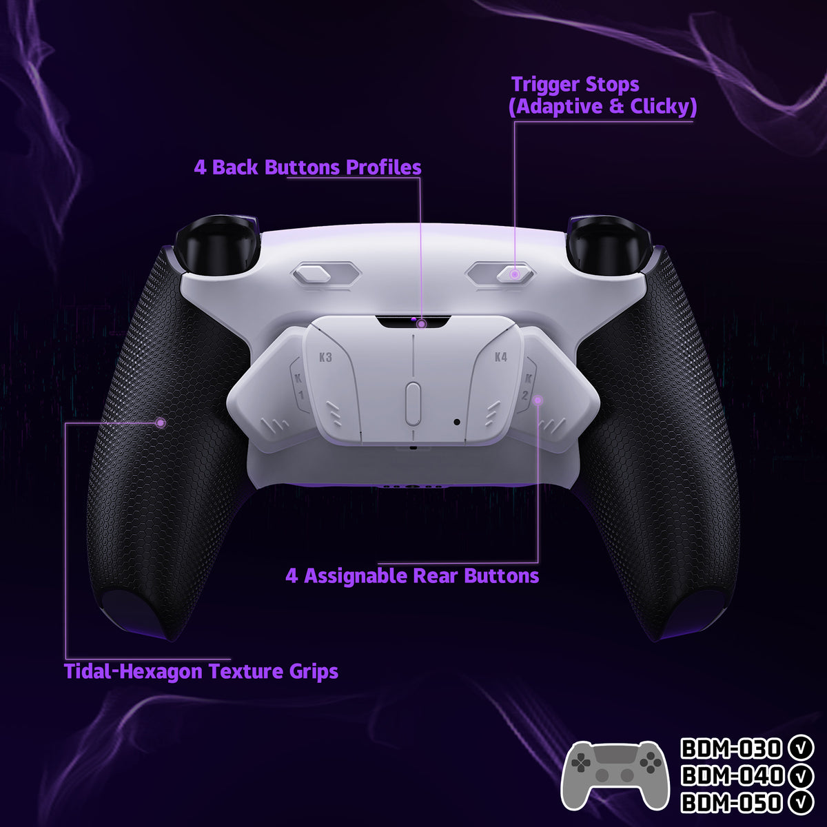eXtremeRate RISE4 Plus MAX Back Paddles Kit with Clicky Trigger Stops & Rubberized Grip for PS5 Controller BDM-030/040/050 - White Black - White