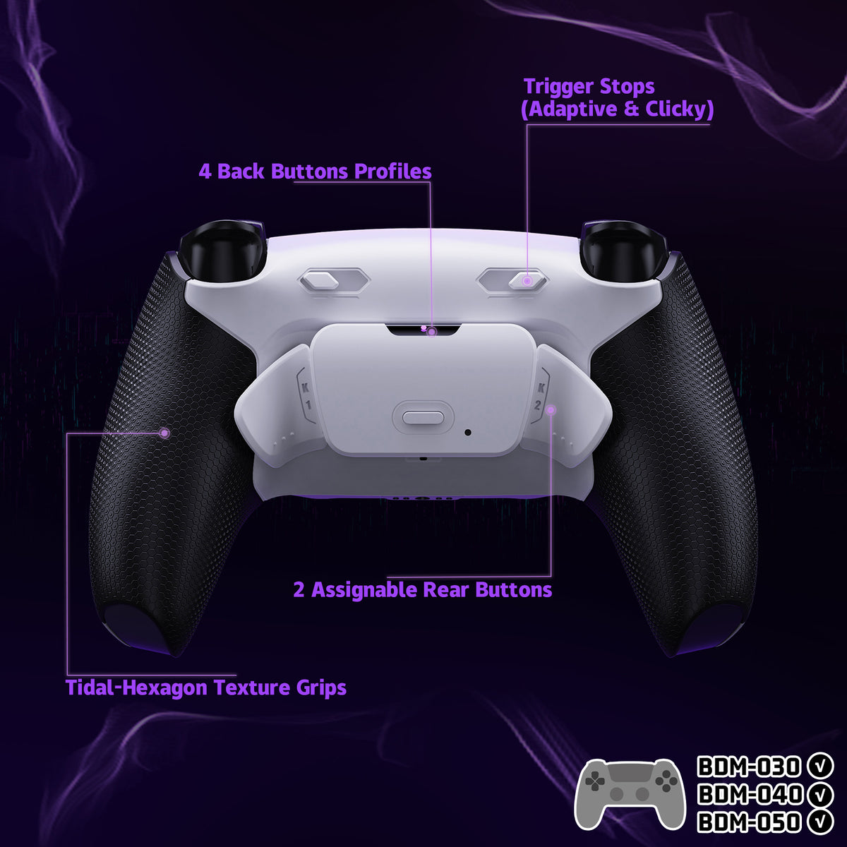 eXtremeRate RISE Plus MAX Back Paddles Kit with Clicky Trigger Stops & Rubberized Grip for PS5 Controller BDM-030/040/050 - White Black - White