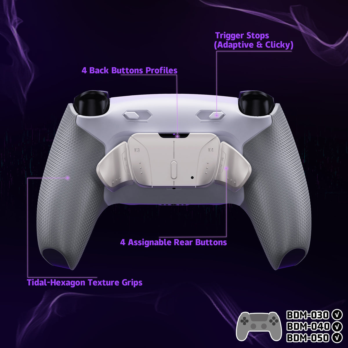 eXtremeRate Real Metal Buttons (RMB) Version RISE4 Plus MAX Back Paddles Kit with Clicky Trigger Stops & Rubberized Grip for PS5 Controller BDM-030/040/050 - White Gray - Silver