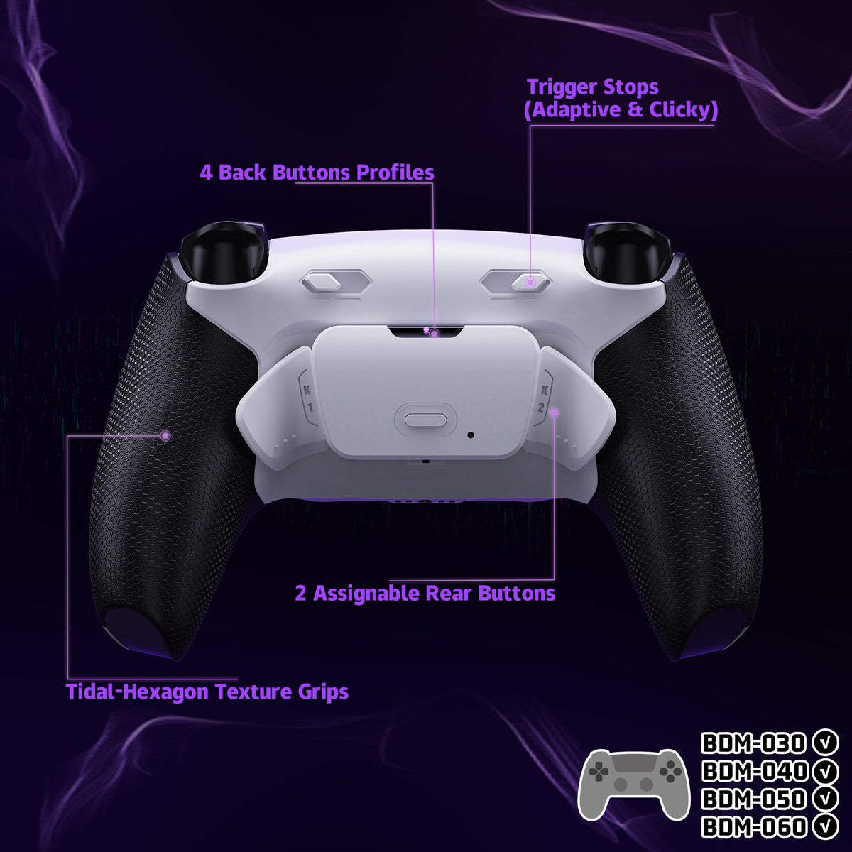 eXtremeRate RISE Plus MAX Back Paddles Kit with Clicky Trigger Stops & Rubberized Grip for PS5 Controller BDM-030/040/050/060 - White Black - White