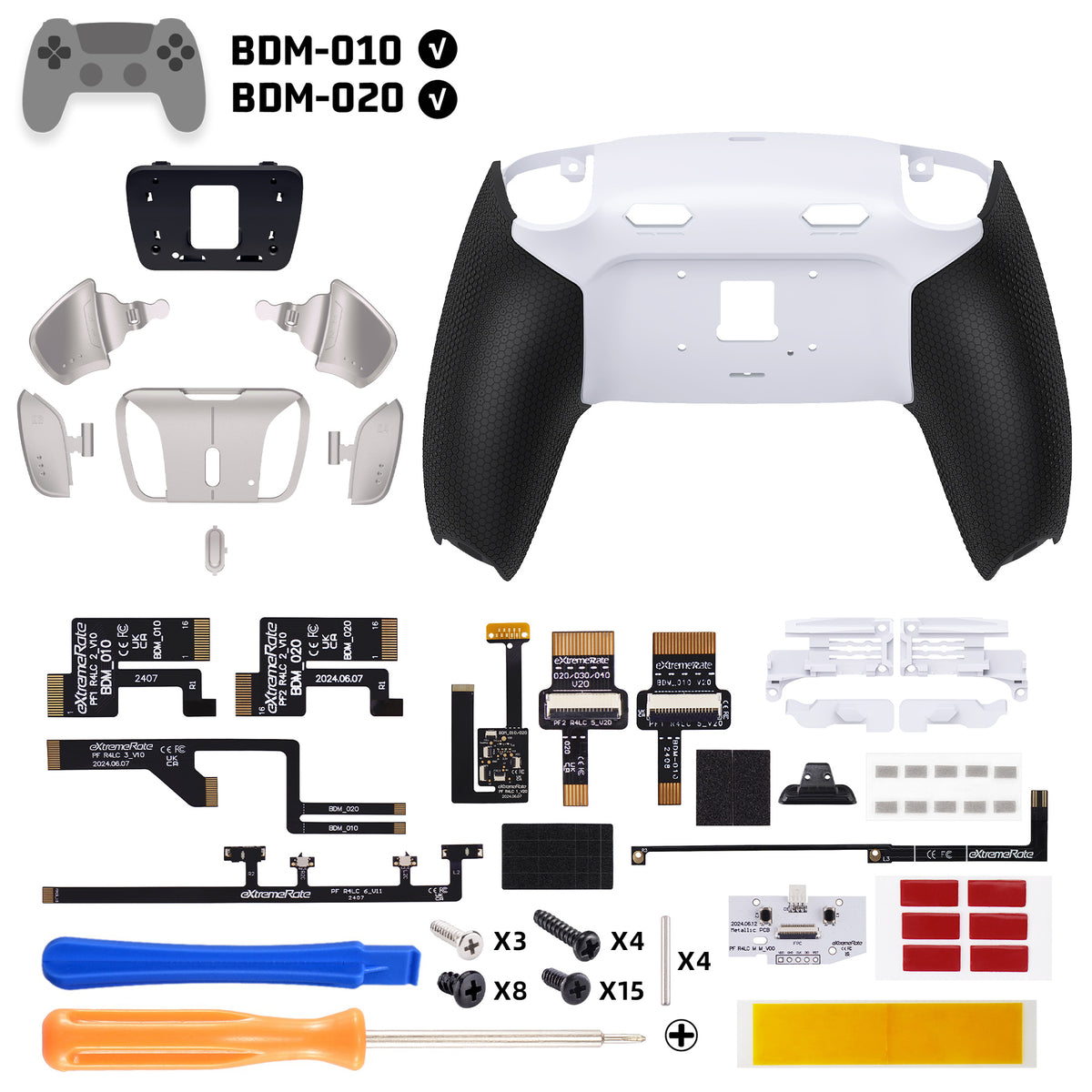 eXtremeRate Real Metal Buttons (RMB) Version RISE4 Plus MAX Back Paddles Kit with Clicky Trigger Stops & Rubberized Grip for PS5 Controller BDM-010/020 - White Black - Silver