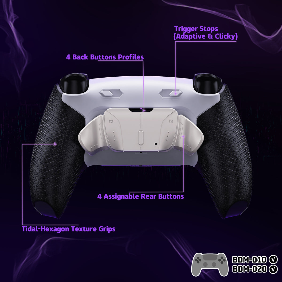 eXtremeRate Real Metal Buttons (RMB) Version RISE4 Plus MAX Back Paddles Kit with Clicky Trigger Stops & Rubberized Grip for PS5 Controller BDM-010/020 - White Black - Silver