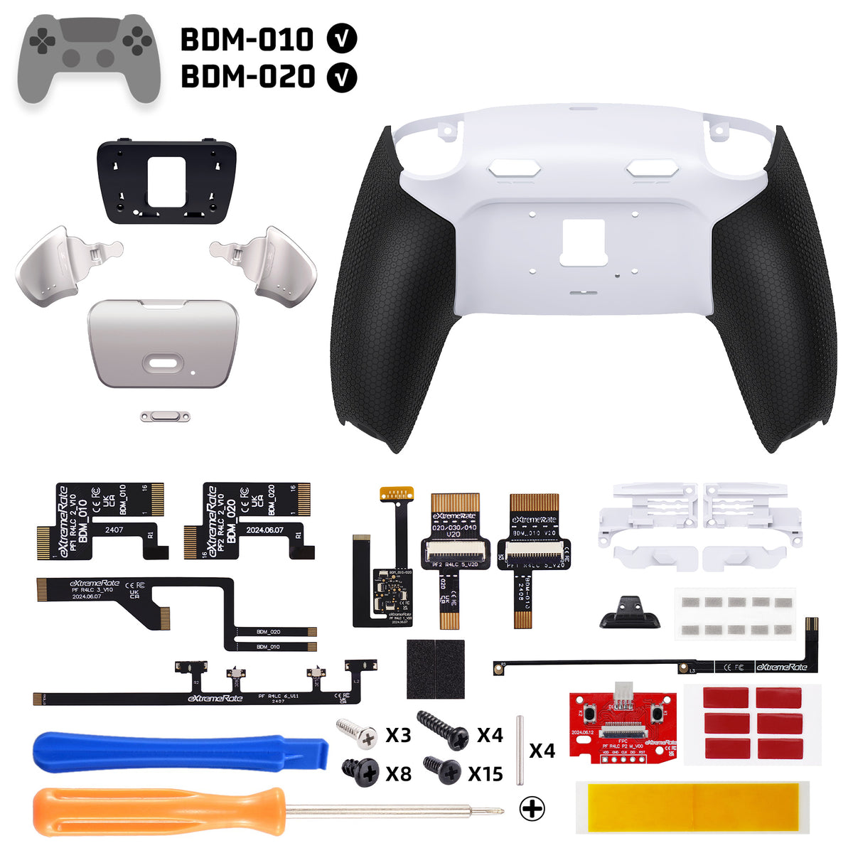 eXtremeRate Real Metal Buttons (RMB) Version RISE Plus MAX Back Paddles Kit with Clicky Trigger Stops & Rubberized Grip for PS5 Controller BDM-010/020 - White Black - Silver