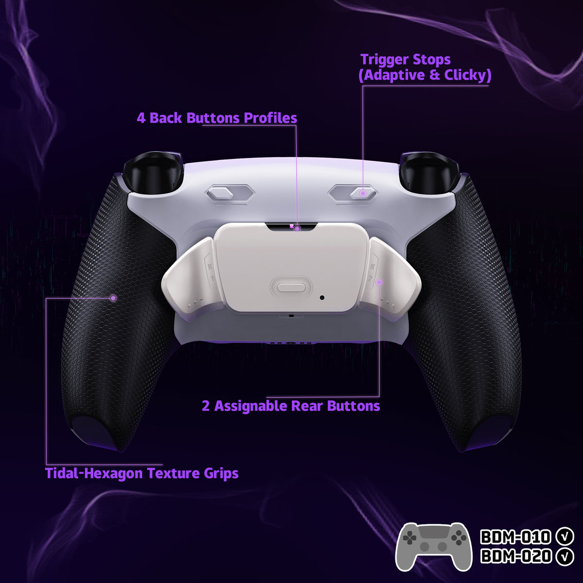 eXtremeRate Real Metal Buttons (RMB) Version RISE Plus MAX Back Paddles Kit with Clicky Trigger Stops & Rubberized Grip for PS5 Controller BDM-010/020 - White Black - Silver