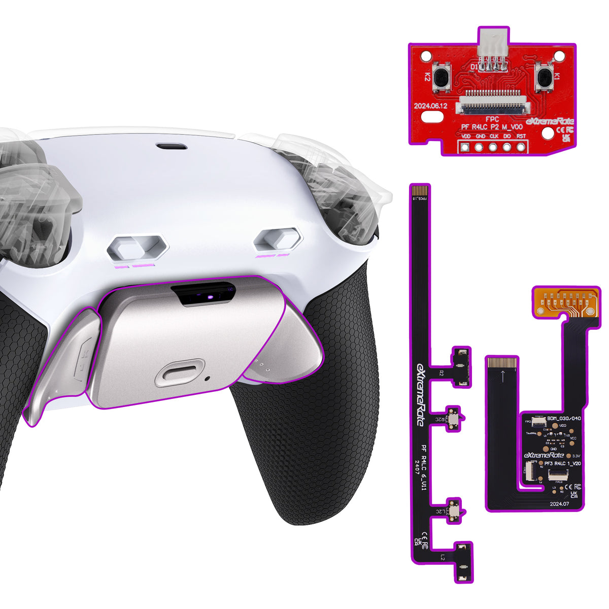 eXtremeRate Real Metal Buttons (RMB) Version RISE Plus MAX Back Paddles Kit with Clicky Trigger Stops & Rubberized Grip for PS5 Controller BDM-030/040/050 - White Black - Silver