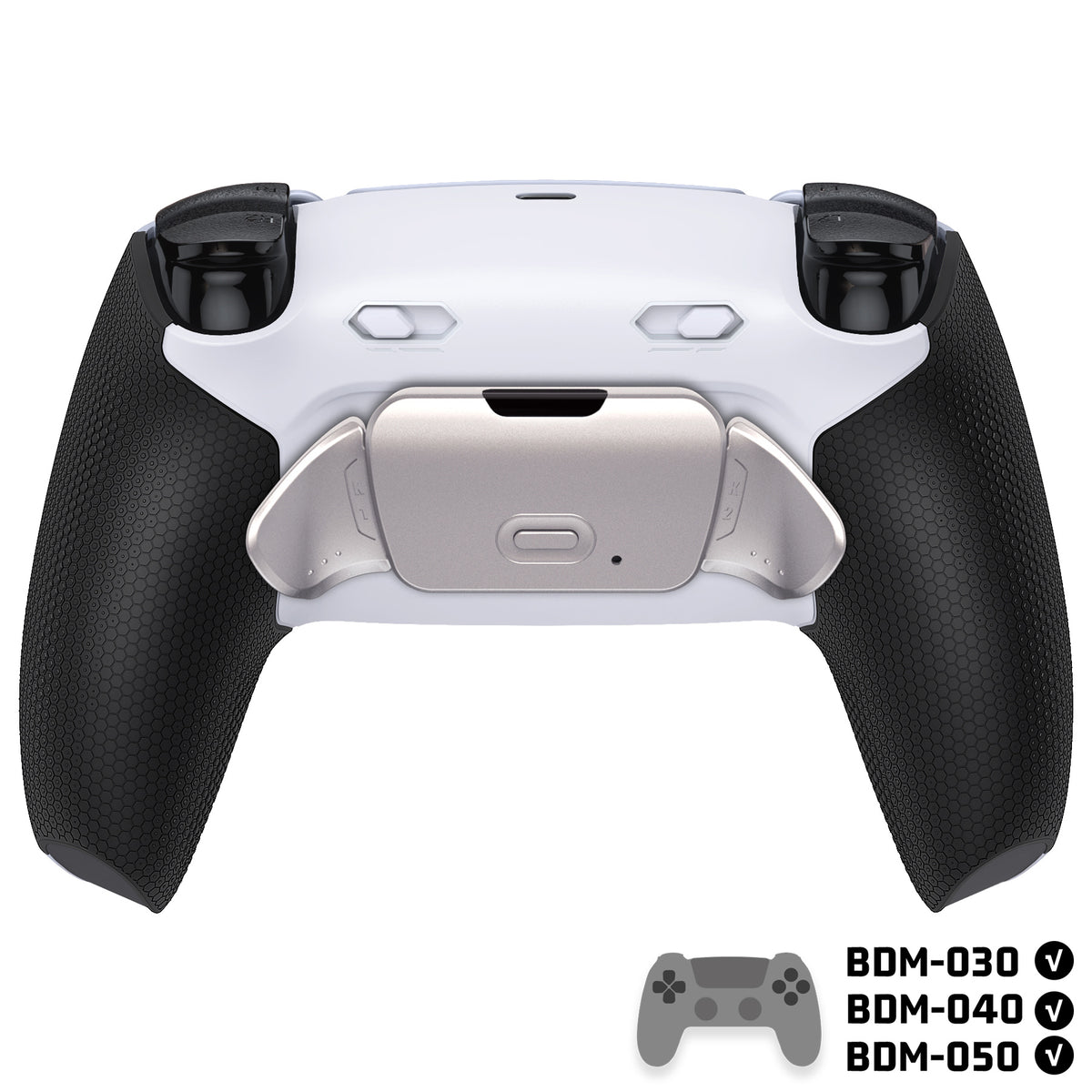 eXtremeRate Real Metal Buttons (RMB) Version RISE Plus MAX Back Paddles Kit with Clicky Trigger Stops & Rubberized Grip for PS5 Controller BDM-030/040/050 - White Black - Silver