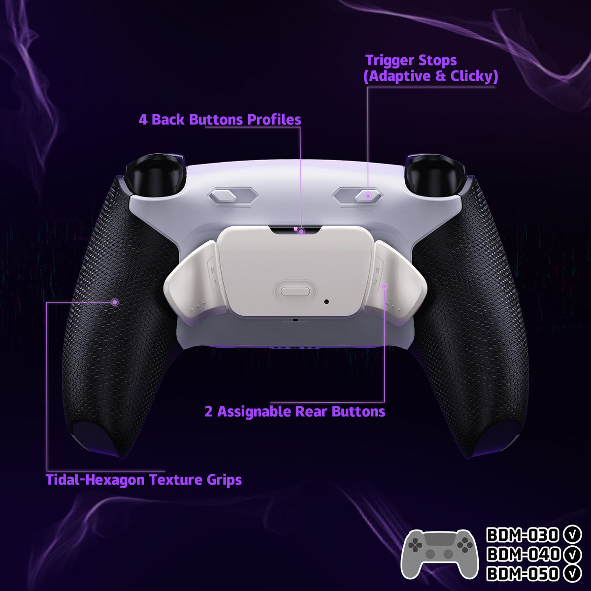 eXtremeRate Real Metal Buttons (RMB) Version RISE Plus MAX Back Paddles Kit with Clicky Trigger Stops & Rubberized Grip for PS5 Controller BDM-030/040/050 - White Black - Silver