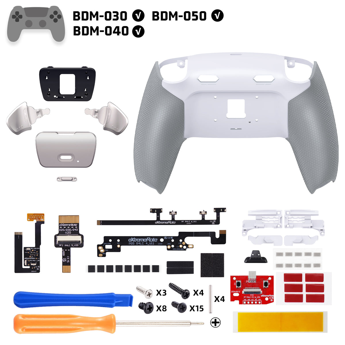 eXtremeRate Real Metal Buttons (RMB) Version RISE Plus MAX Back Paddles Kit with Clicky Trigger Stops & Rubberized Grip for PS5 Controller BDM-030/040/050 - White Gray - Silver
