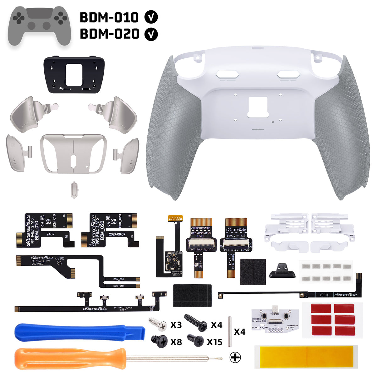 eXtremeRate Real Metal Buttons (RMB) Version RISE4 Plus MAX Back Paddles Kit with Clicky Trigger Stops & Rubberized Grip for PS5 Controller BDM-010/020 - White Gray - Silver