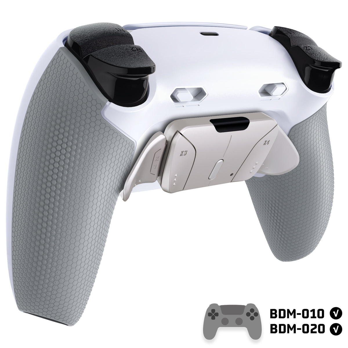 eXtremeRate Real Metal Buttons (RMB) Version RISE4 Plus MAX Back Paddles Kit with Clicky Trigger Stops & Rubberized Grip for PS5 Controller BDM-010/020 - White Gray - Silver