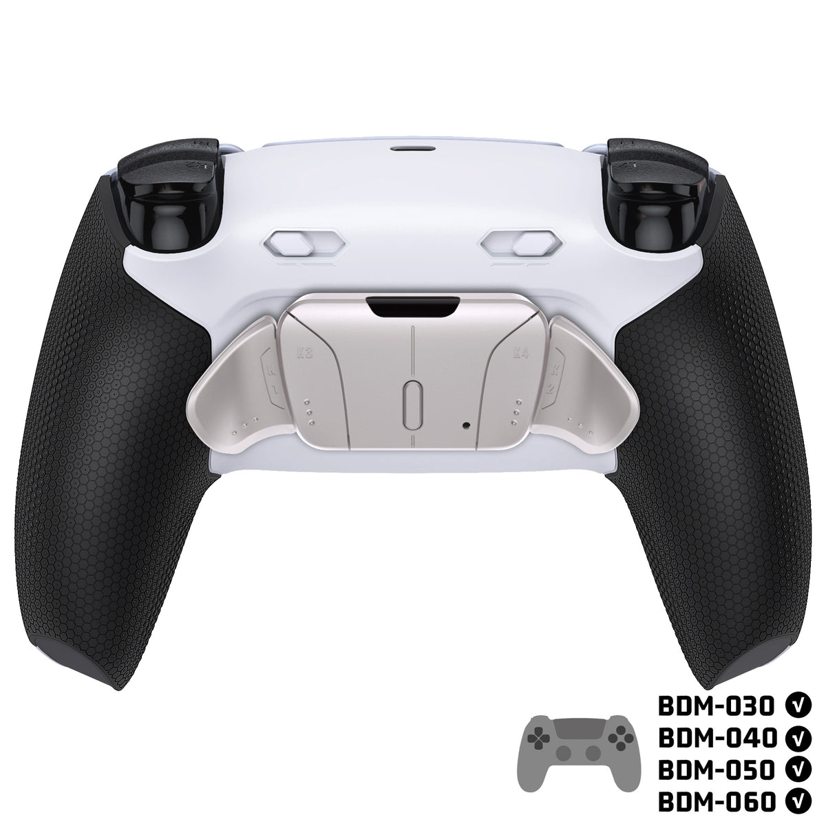 eXtremeRate Real Metal Buttons (RMB) Version RISE4 Plus MAX Back Paddles Kit with Clicky Trigger Stops & Rubberized Grip for PS5 Controller BDM-030/040/050/060 - White Black - Silver