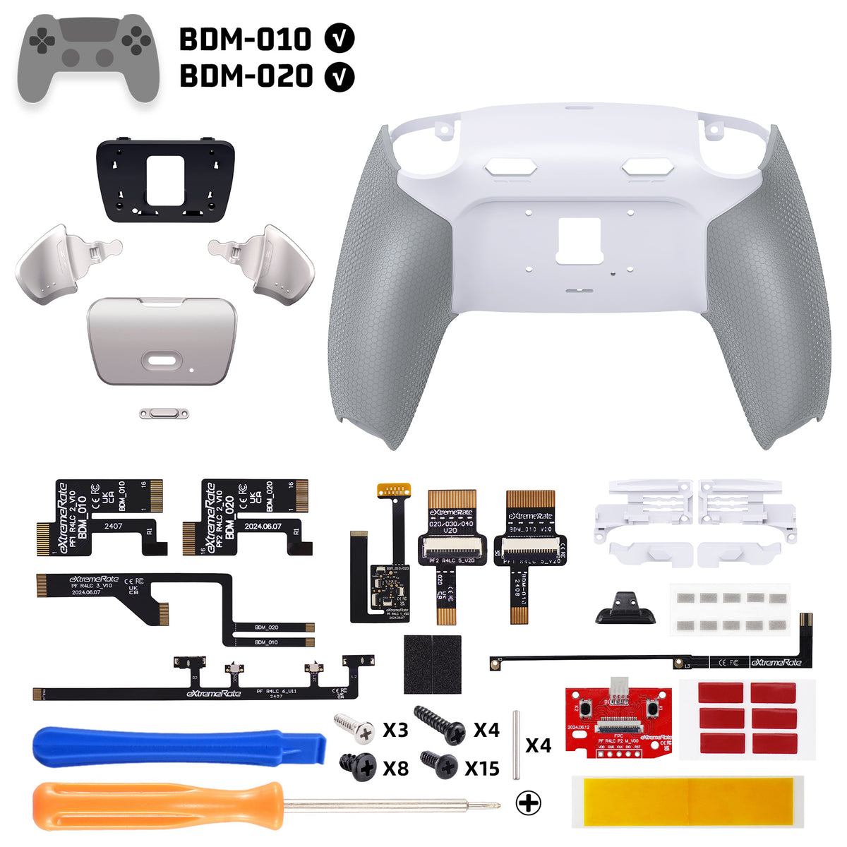 eXtremeRate Real Metal Buttons (RMB) Version RISE Plus MAX Back Paddles Kit with Clicky Trigger Stops & Rubberized Grip for PS5 Controller BDM-010/020 - White Gray - Silver