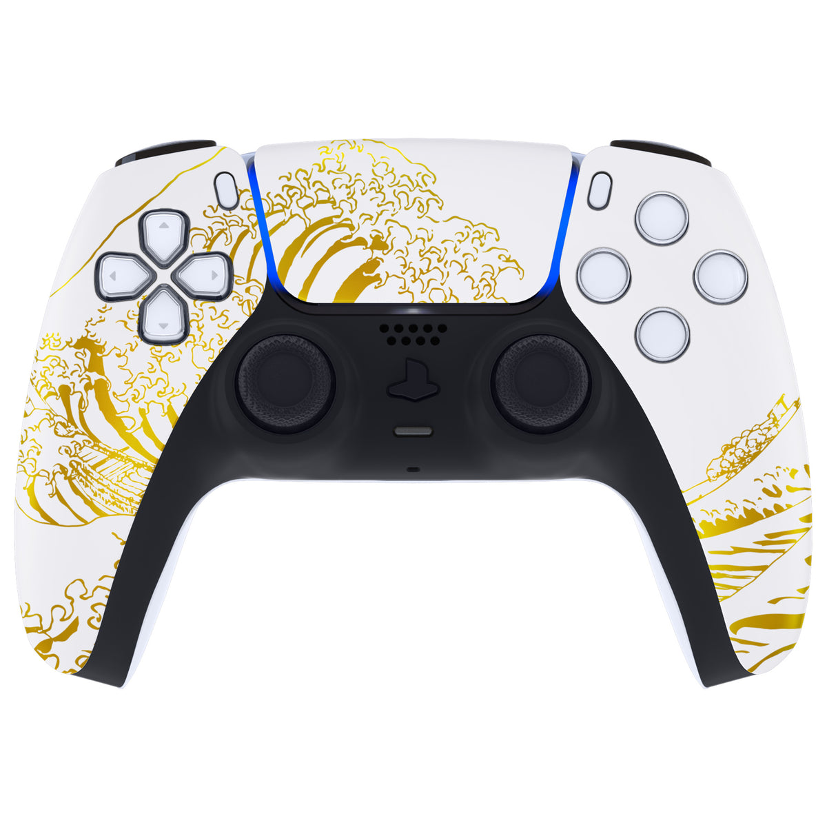 eXtremeRate Replacement Front Housing Shell with Touchpad Compatible with PS5 Controller BDM-010/020/030/040/050/060 - The Great GOLDEN Wave Off Kanagawa - White