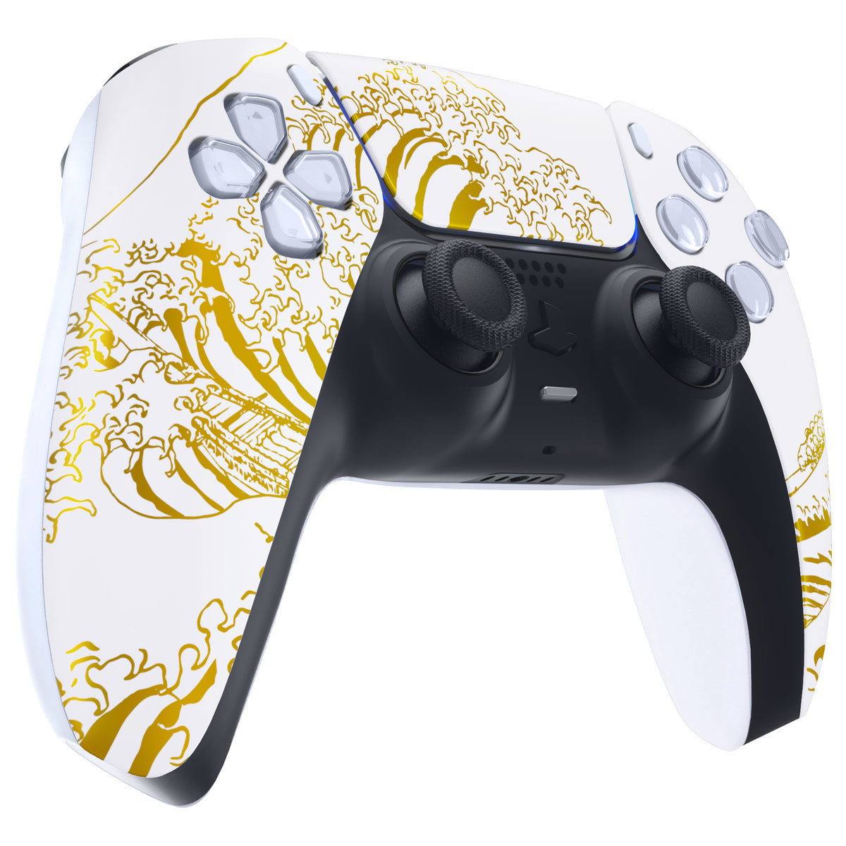 eXtremeRate Replacement Front Housing Shell with Touchpad Compatible with PS5 Controller BDM-010/020/030/040/050/060 - The Great GOLDEN Wave Off Kanagawa - White