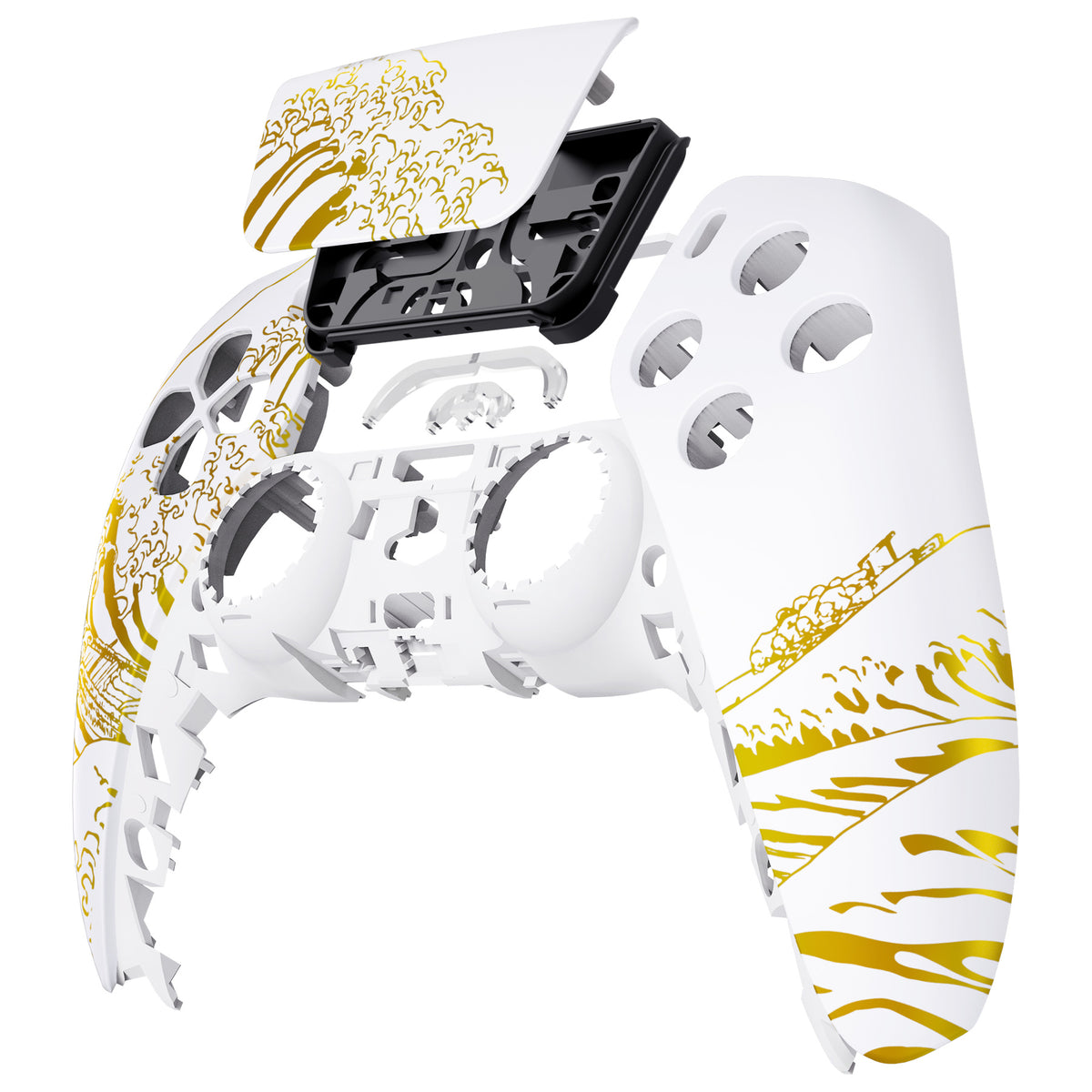 eXtremeRate Replacement Front Housing Shell with Touchpad Compatible with PS5 Controller BDM-010/020/030/040/050/060 - The Great GOLDEN Wave Off Kanagawa - White