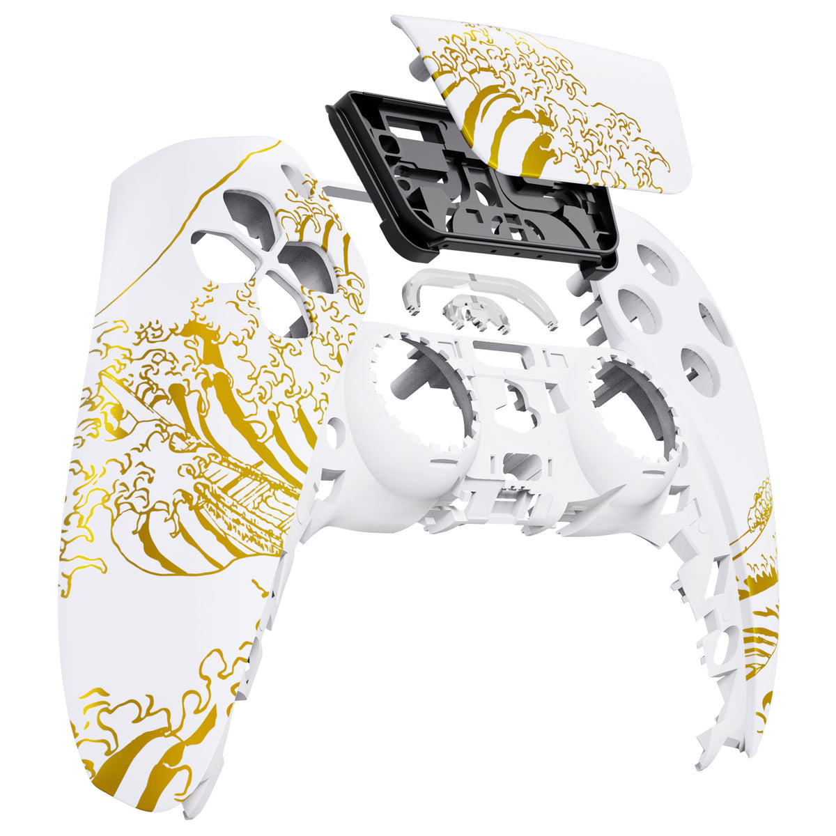 eXtremeRate Replacement Front Housing Shell with Touchpad Compatible with PS5 Controller BDM-010/020/030/040/050/060 - The Great GOLDEN Wave Off Kanagawa - White