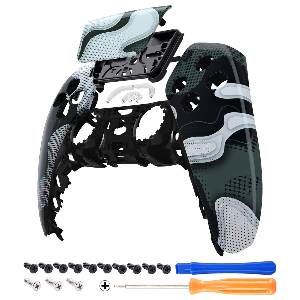 eXtremeRate Replacement Front Housing Shell with Touchpad Compatible with PS5 Controller BDM-010/020/030/040/050 - Black White Camouflage