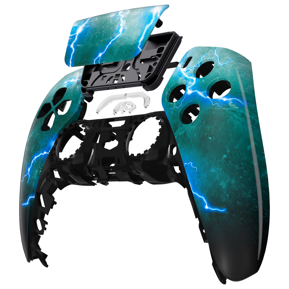 eXtremeRate Replacement Front Housing Shell with Touchpad Compatible with PS5 Controller BDM-010/020/030/040/050 - Green Storm Thunder