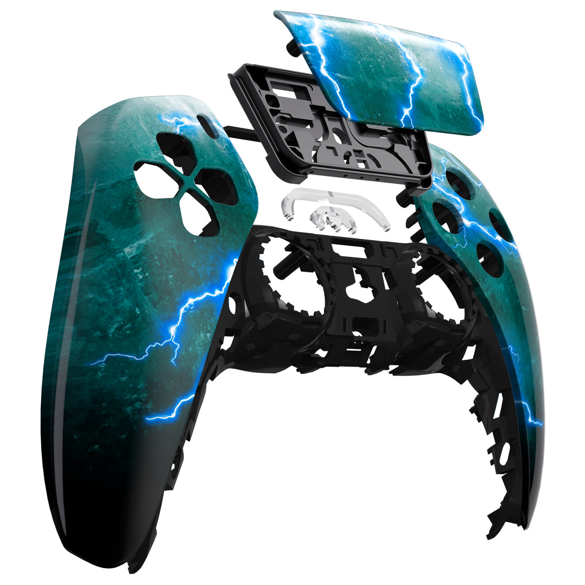 eXtremeRate Replacement Front Housing Shell with Touchpad Compatible with PS5 Controller BDM-010/020/030/040/050 - Green Storm Thunder