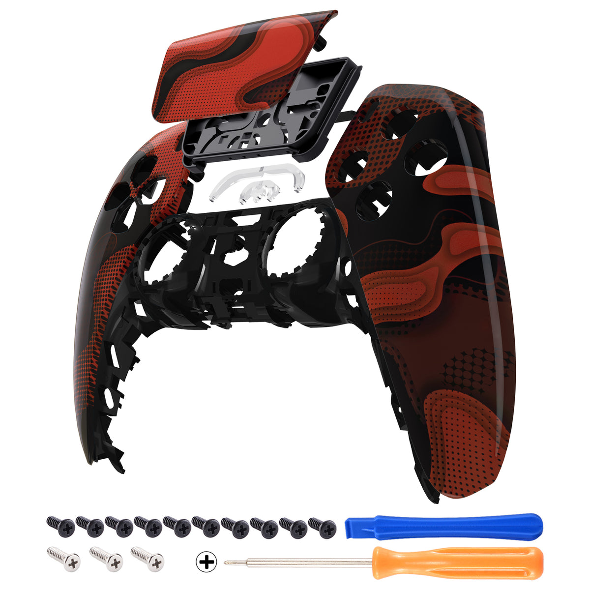 eXtremeRate Replacement Front Housing Shell with Touchpad Compatible with PS5 Controller BDM-010/020/030/040/050 - Red Black Camouflage