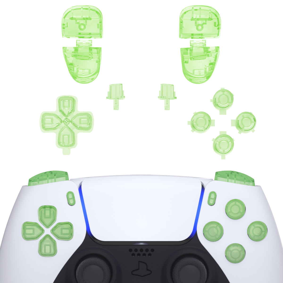eXtremeRate Replacement Full Set Buttons Compatible with PS5 Controller BDM-030/040/050/060 - Clear Light Green