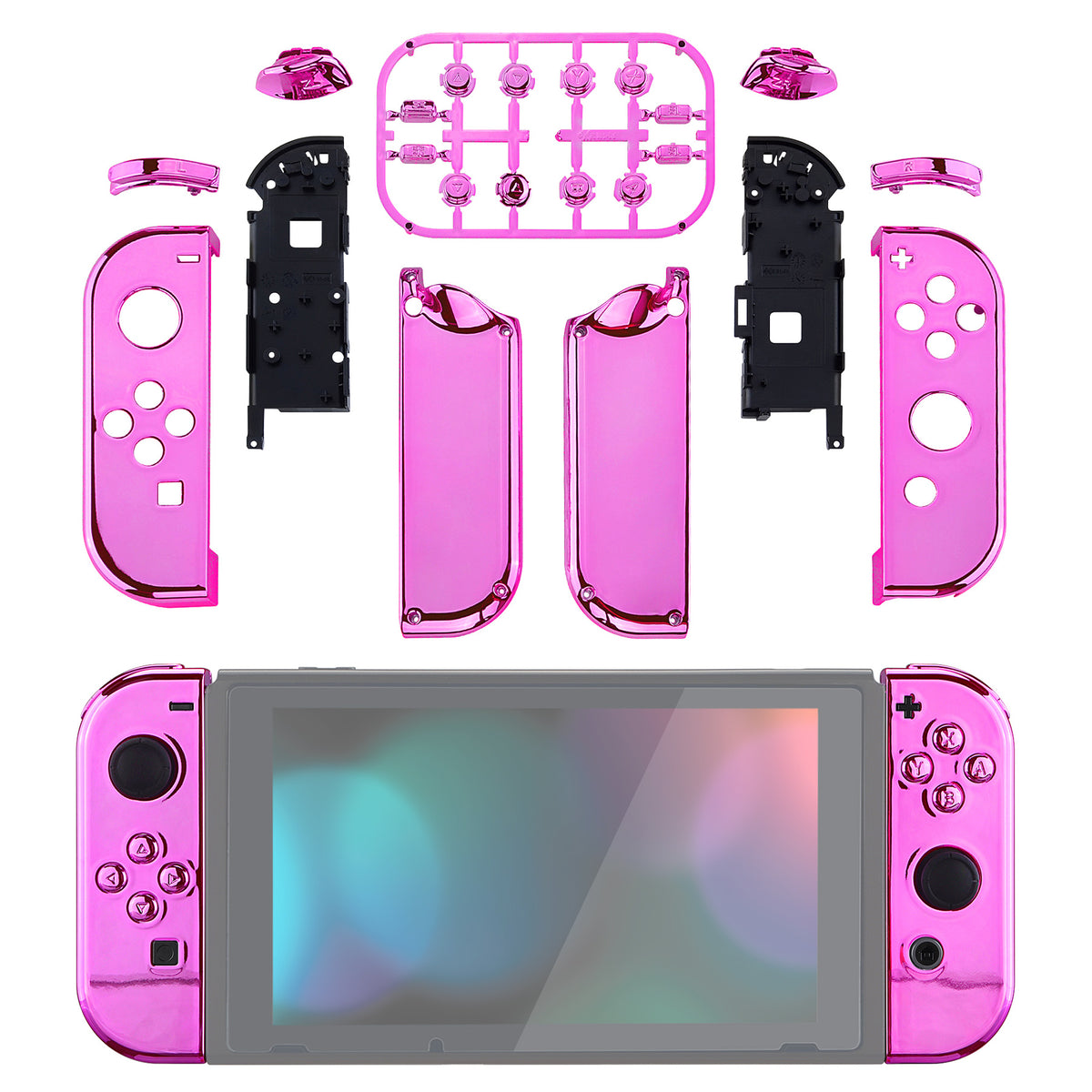 eXtremeRate Replacement Full Set Shell Case with Buttons for Joycon of NS Switch - Chrome Pink Glossy