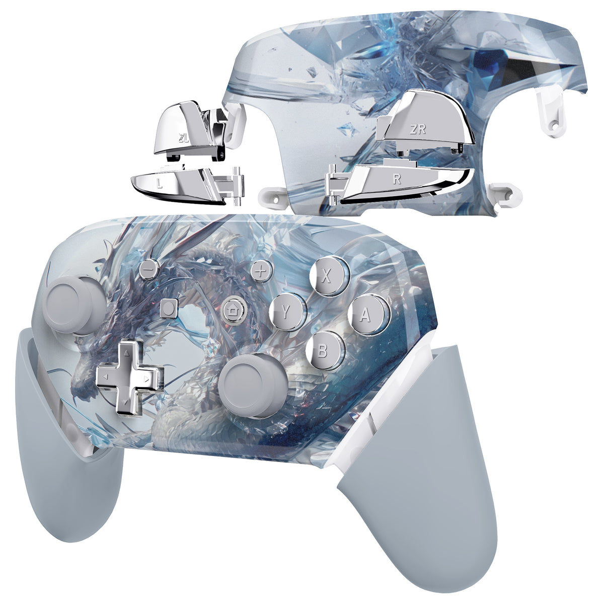 eXtremeRate Replacement Full Set Shell Faceplate Backplate Handles with Button Kit for Nintendo Switch Pro - Crystal Dragon